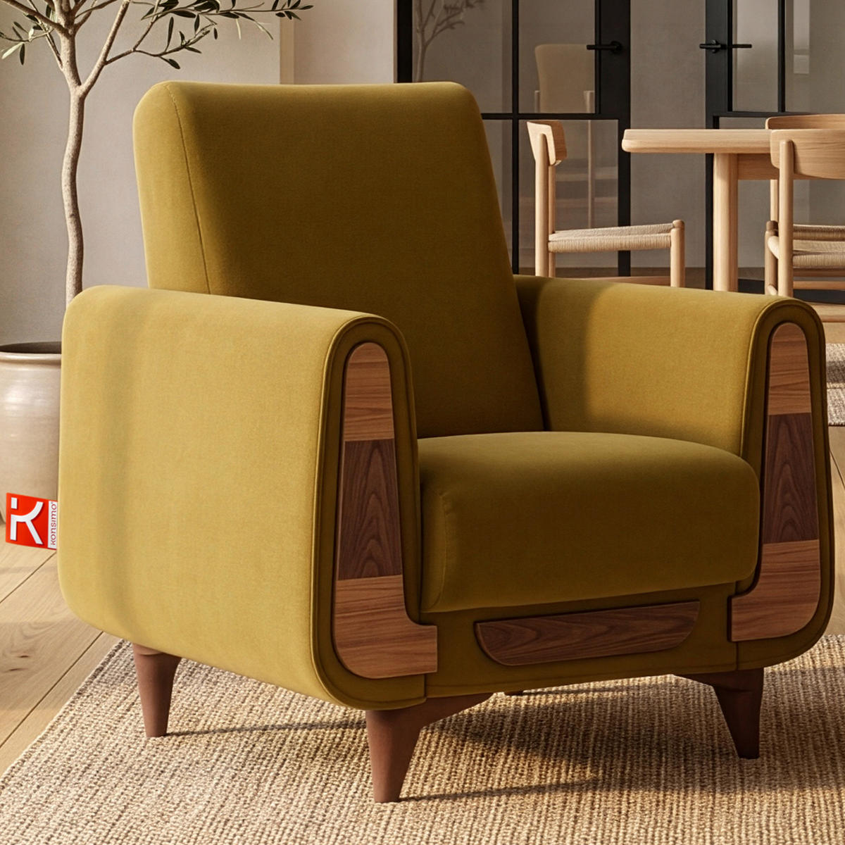 SESSEL GUSTAVO mit Armlehnen, gelb - Gelb/Braun, Holz/Holzwerkstoff (83/95/92cm) - KONSIMO®