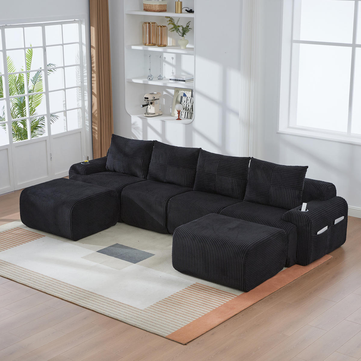 WOHNLANDSCHAFT Modulares Sofa 333/174/80 cm schwarz aus Cord mit Getränkehalter und Seitentasche - Schwarz, Textil (174/80/333cm) - Modenvie