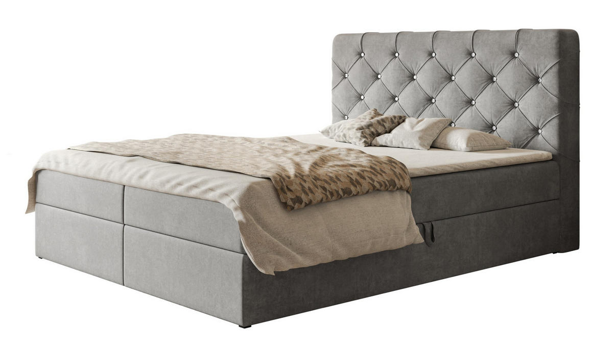 BOXBETT BOSTON mit 2 Bettkästen, 160x200, Farbe: Grau, Velourstoff, Doppelbett mit Bonell-Matratze - Grau, Holz/Kunststoff (160/200cm) - Alpi-Möbel