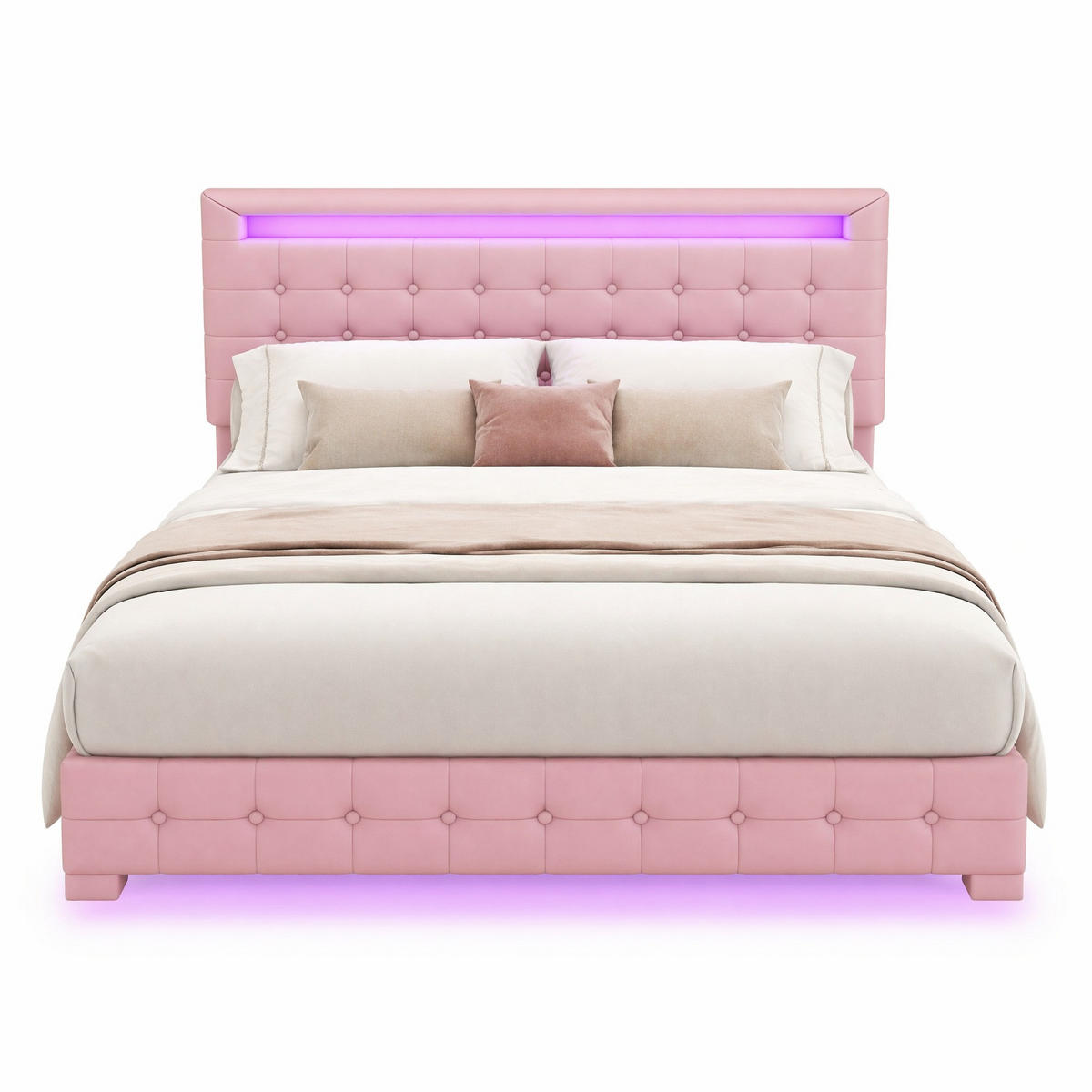 BETT 140/200 cm in Rosa mit LED und Verstellbarem Kopfteil aus PU - Rosa, Holzwerkstoff/Textil (140/200cm) - CHICFURN