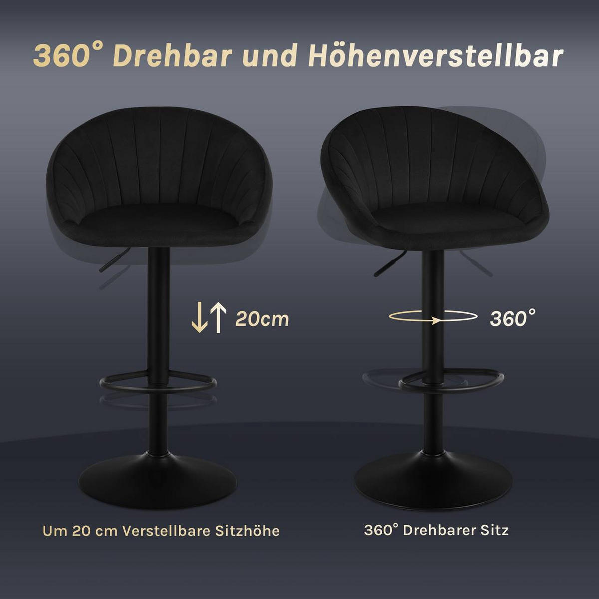 BARHOCKER 4er Set mit Rückenlehne, Samt, Schwarz - Schwarz, Textil/Metall (53/83/45cm) - Woltu