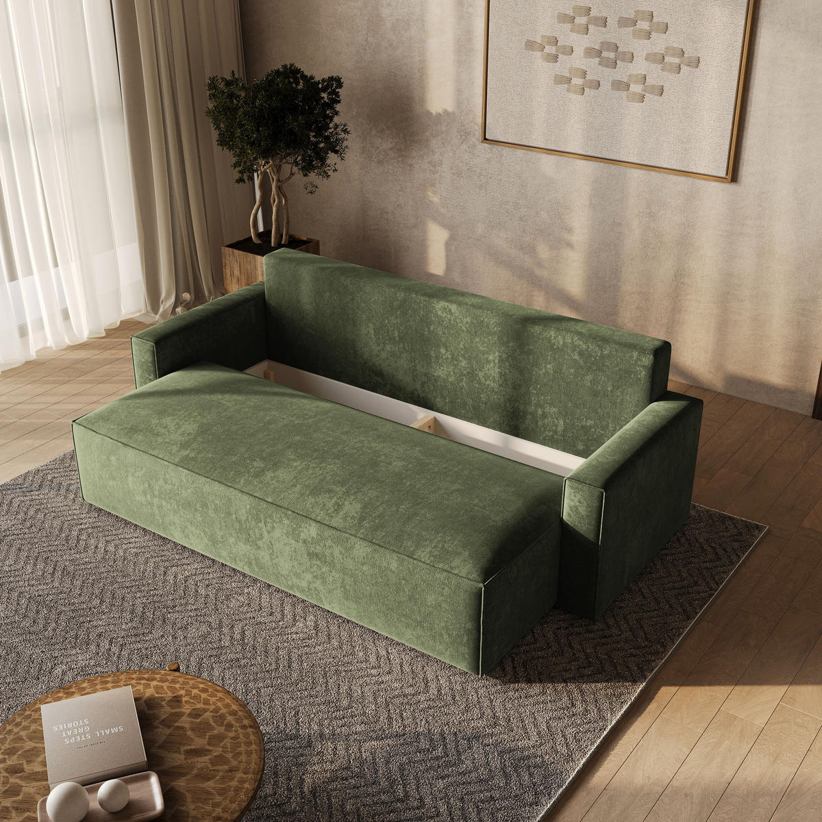 BETTSOFA MENI LM Grün Chenille-Stoff mit Schlaffunktion - Grün, Textil (232/85/87cm) - MASSENO