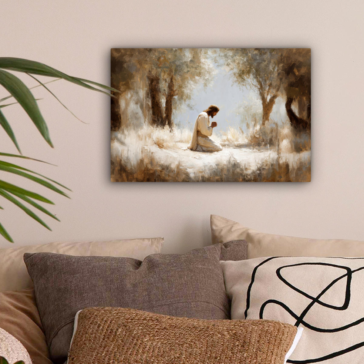 LEINWANDBILD Jesus - Kniend - Waldlandschaft - Betend Deko Schlafzimmer 30x20 cm - Beige/Hellblau, Textil (30/20cm) - MuchoWow