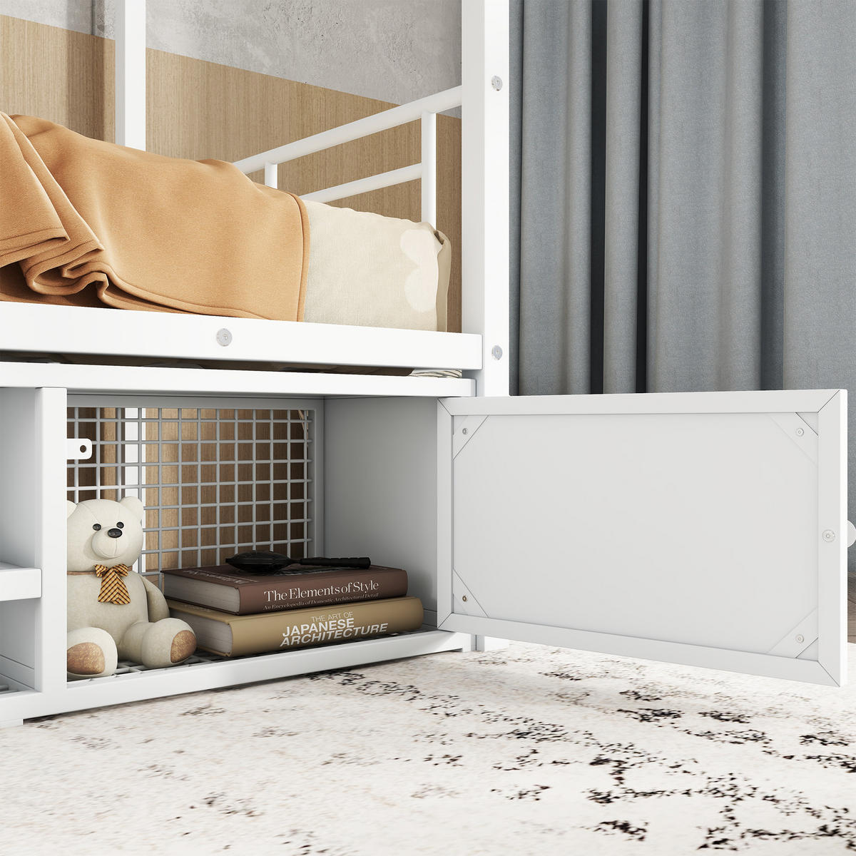 ETAGENBETT 90/200 cm Weiß Metall mit Schuhschrank und seitlicher Leiter - Weiß, Metall (90/200cm) - OKWISH