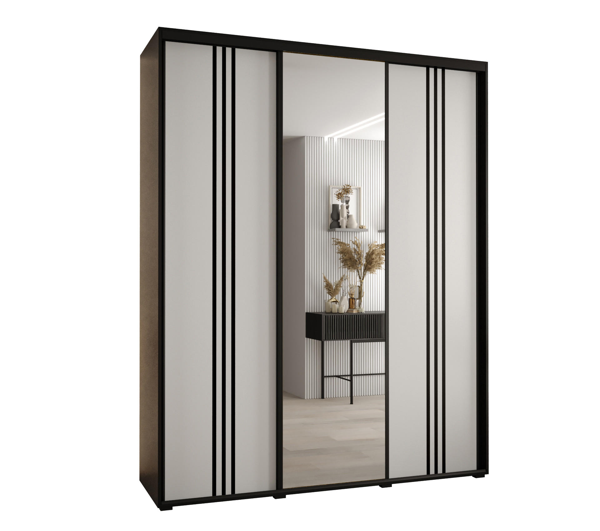 Abiks Möbel Schwebetürenschrank Schwarz, Weiß, Schwarz 200x235x45 cm