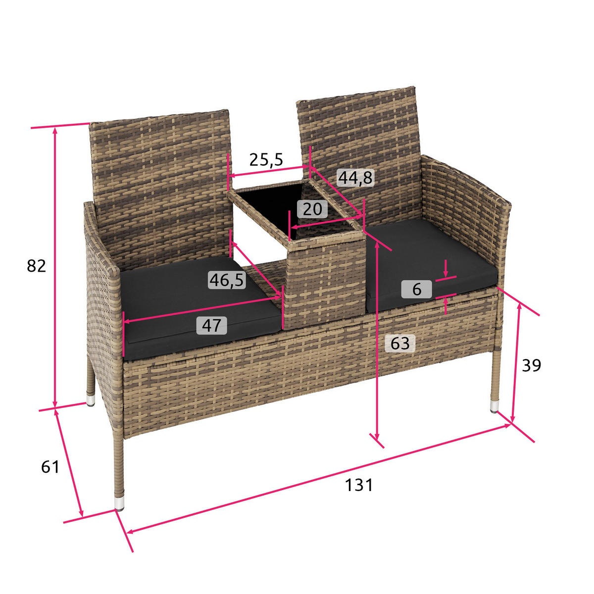 RATTAN GARTENSITZBANK Narbonne,131 x 59 x 82 cm,natur/dunkelgrau - Naturfarben, Kunststoff (61/82/131cm) - tectake