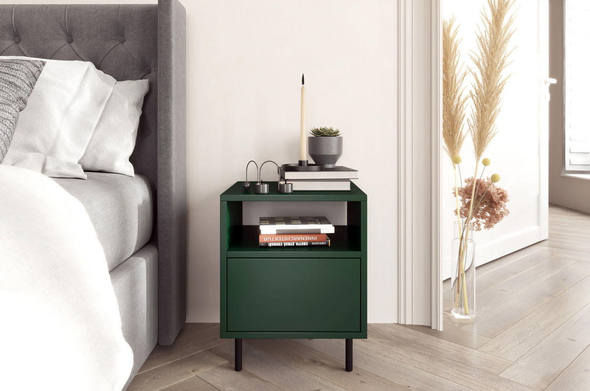 NACHTTISCH Mirka, Grün, Push to Open System, Minimalistisch - Dunkelgrün/Schwarz, Holzwerkstoff/Metall (40/47/40cm) - Dancan