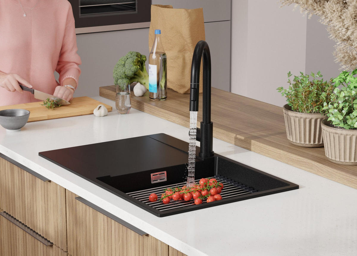 GRANITSPÜLE San Francisco, 2-er set Schwarz 78/50 cm 1 Becken + Küchenarmatur 32/20 cm + Ablauf-Set + Aufrollbare Abtropffläche ab 50er Unterschrank - Chromfarben/Schwarz, Kunststoff (78/20/50cm) - Primagran