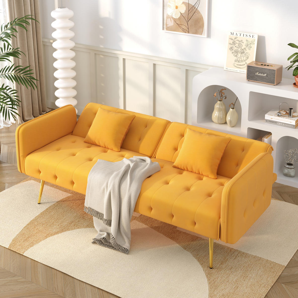 SOFABETT 2-in-1 mit Schlaffunktion 215 x 81,5 cm Velours Yellow - Gelb, Kunststoff (178/70/82cm) - Meubliv
