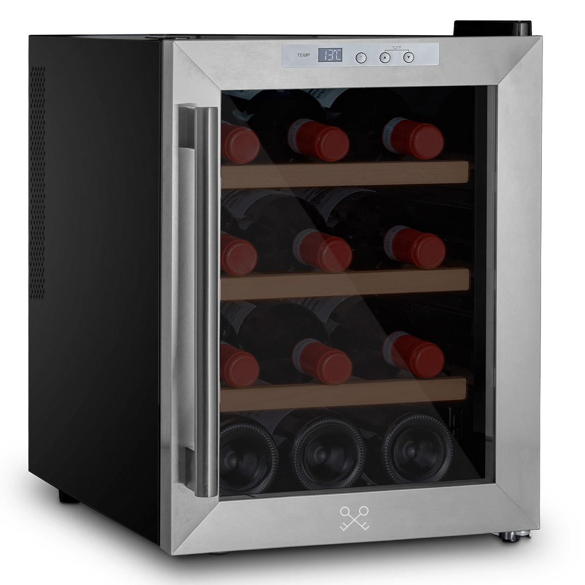 WEINKÜHLSCHRANK CAVS12 Schwarz und Silber, 12 Flaschen, 11°C bis 18°C, Digitales Bedienfeld, Leise, 3 Holzböden - Schwarz, Metall (26.2/36/30.5cm) - Les Petits Champs