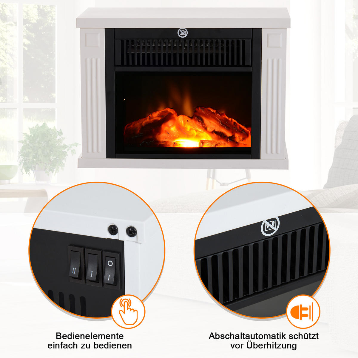 ELEKTROKAMIN Kaminofen 1200W Elektrischer Kamin Standkamin Flammeneffekt - Weiß, Metall (17/25/34cm) - HOMCOM