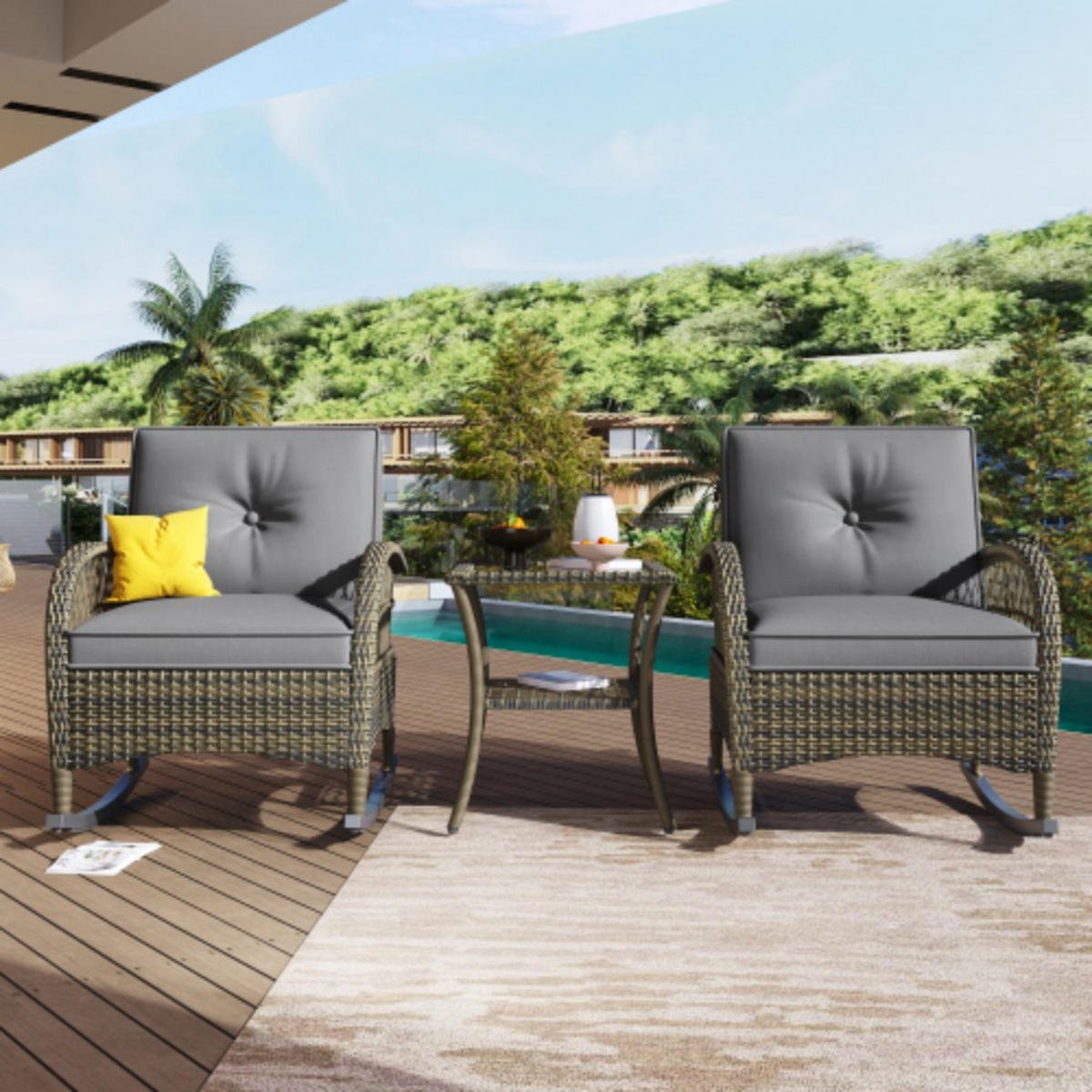 BALKONSET 3-tlg,BISTRO SET,PE-Rattan Schaukelstuhl,für 2 Personen,Grau - Grau, Metall - LVHOM