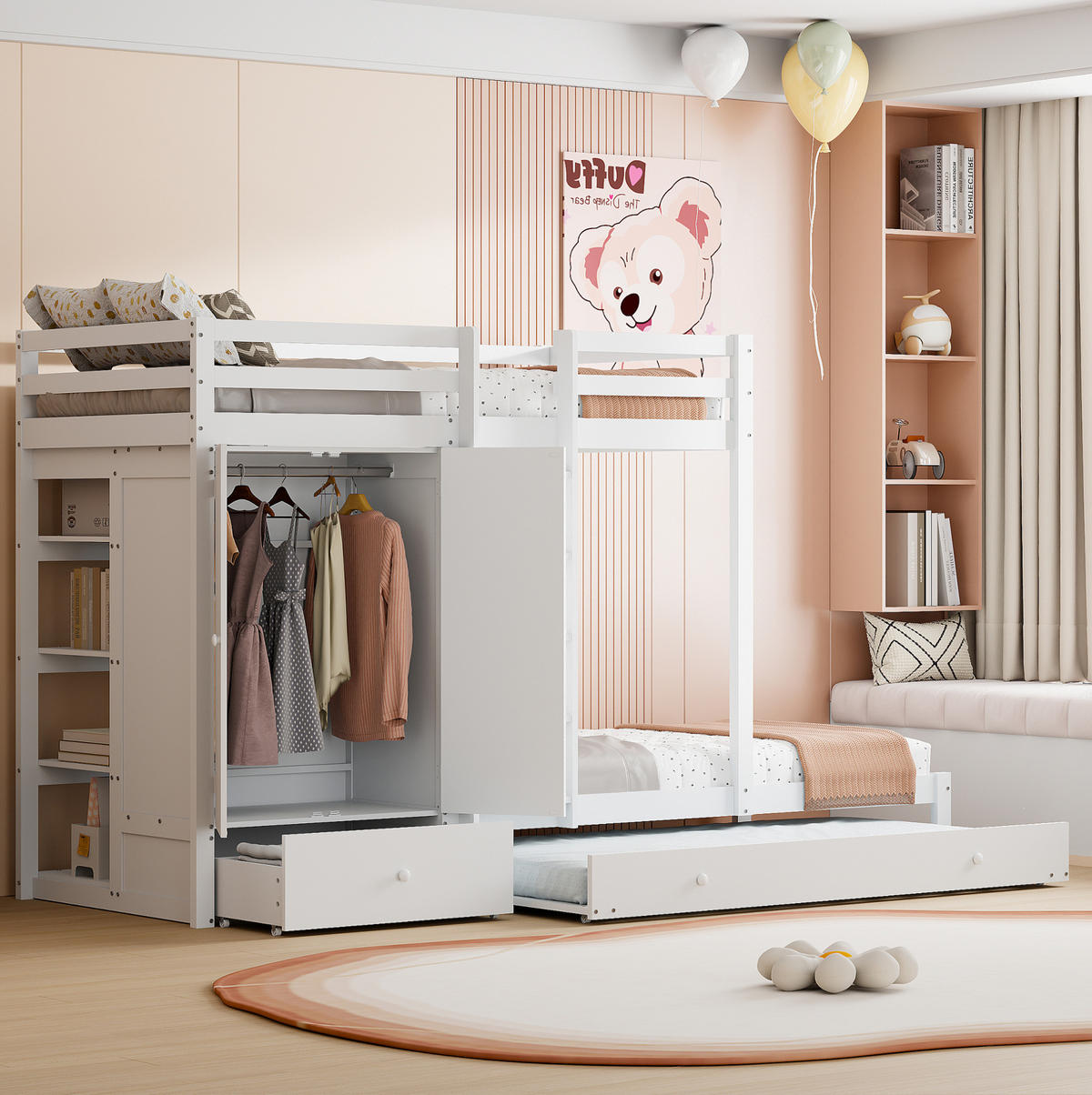 ETAGENBETT 90/200 cm aus Massivholz mit Ausziehbett und Kleiderschrank - Weiß, Holz (90/200cm) - OKWISH