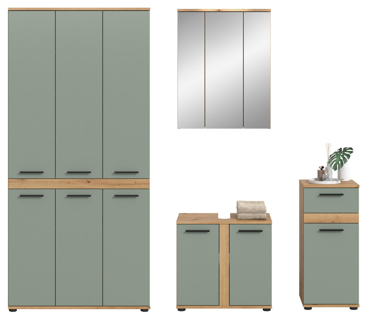BADMÖBEL-SET 4-teilig Salbei grün, Artisan Eiche 219 cm, Badezimmerschränke mit viel Stauraum - Salbeigrün/Schwarz, Glas/Holzwerkstoff (219/191/34cm) - Inn.Furn