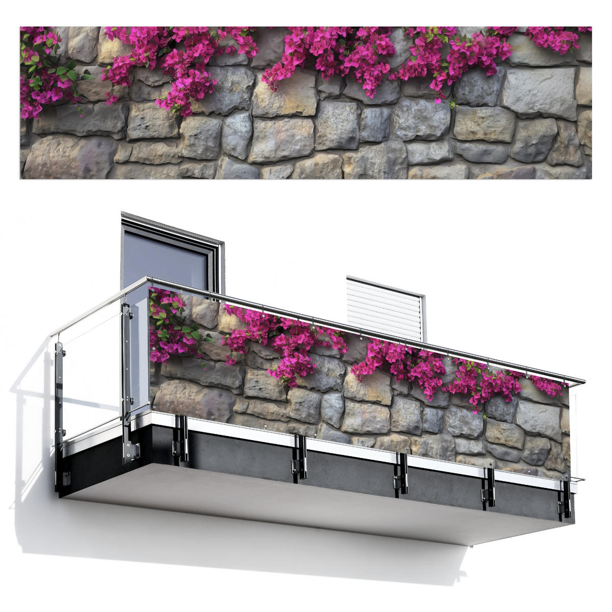 BALKON-SICHTSCHUTZ Bougainvillea - Steinmauer - Rosa - Magenta, Kunststoff (300/85cm) - MuchoWow