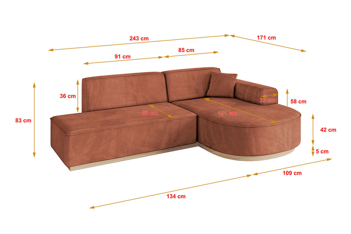 ECKSOFA Ottomane Rechts ARRIO-L1 - 243x171x83 cm Apricot - Koralle/Schwarz, Holzwerkstoff/Kunststoff (243/171cm) - ALTDECOR