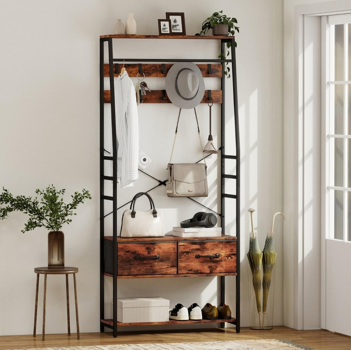 STANDGARDEROBE 80/30/180 cm mit 10 Haken, Schuhablage und Sitzbank - Braun, Holz (80/180/30cm) - BEAOK