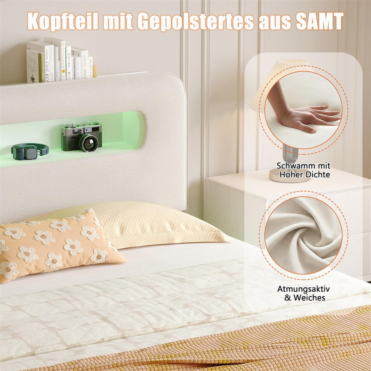 POLSTERBETT 140x200cm mit hydraulischer Hebefunktion und LED-Beleuchtung - ohne Matratze - Beige - Beige, Textil (140/200cm) - DELFA