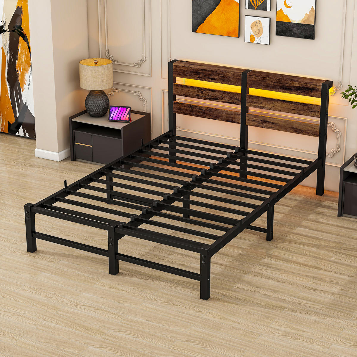 METALLBETT 120x200 cm LED USB Stauraum - Schwarz, Metall (120/200cm) - Fortuna Lai