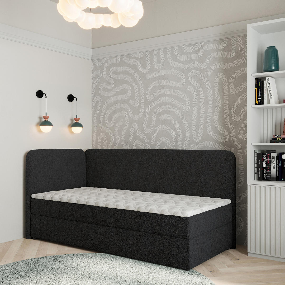 BOXBETT GINA 80x200 cm mit Matratze und Topper, H2+H3 - Schwarz - Schwarz, Holz (80/200cm) - MASSENO