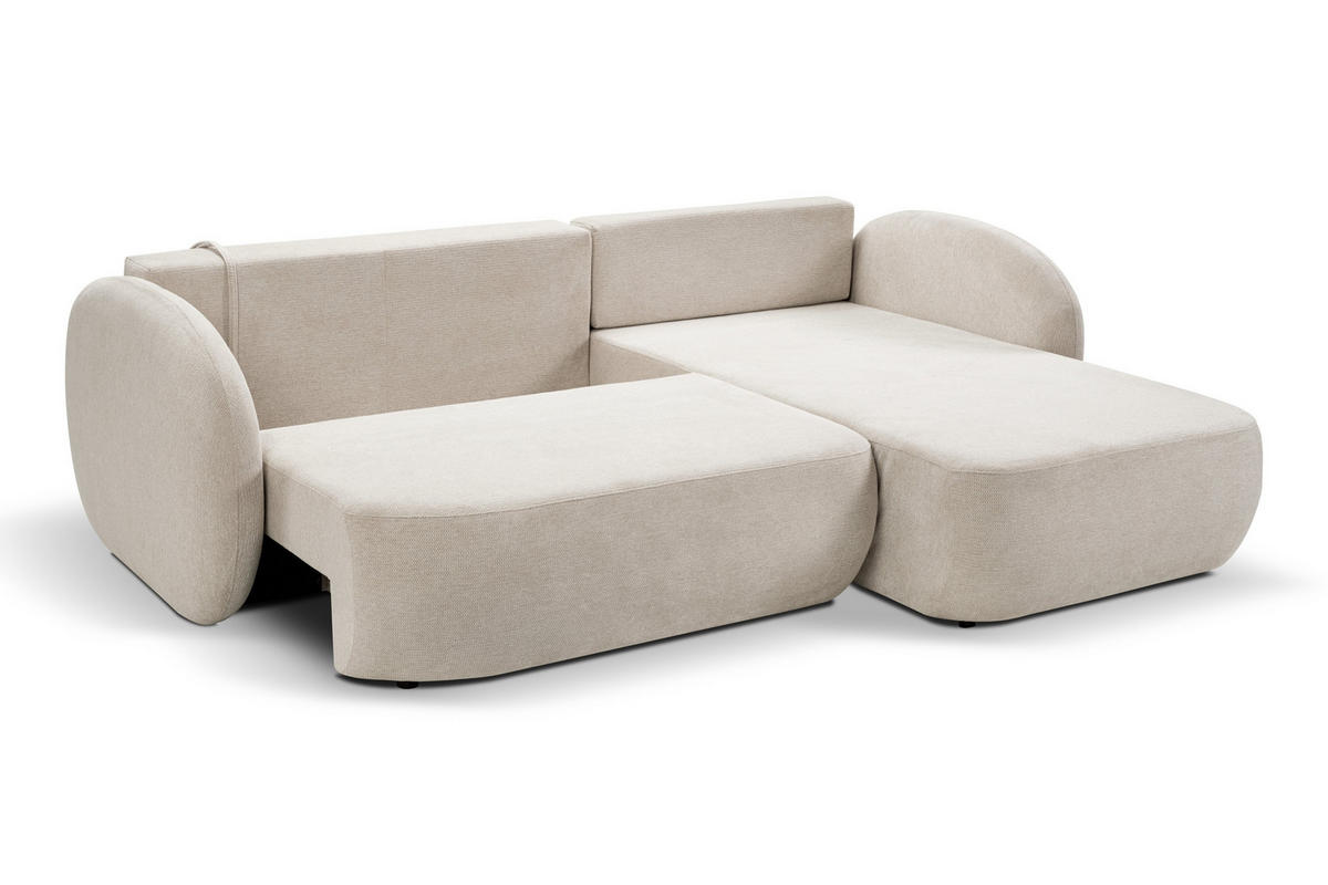 ECKSOFA AMICO R-S Creme Geflochtener Stoff mit Schlaffunktion - Creme, Holz (248/174cm) - MASSENO