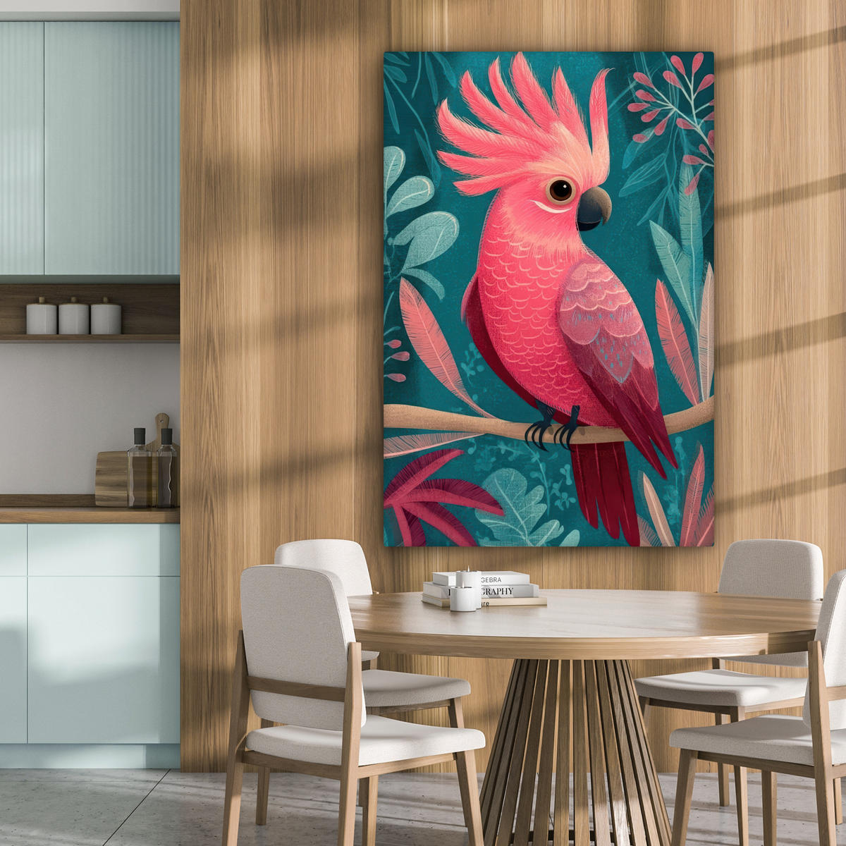 LEINWANDBILD Kakadu - Tropische Blätter - Zweig Deko XXL 80x120 cm - Petrol, Textil (80/120cm) - MuchoWow