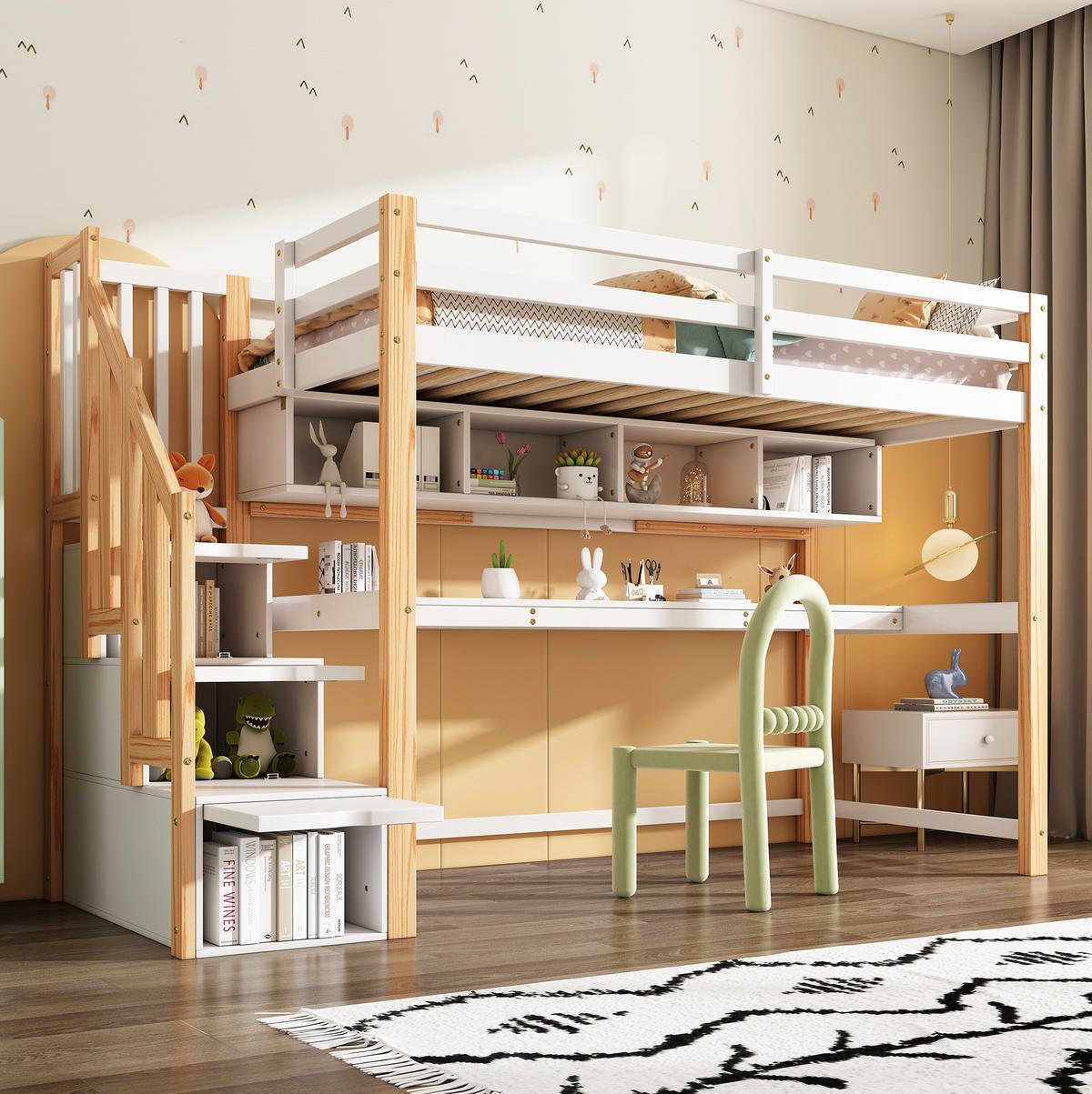 HOCHBETT 90/200 cm mit Schreibtisch, Treppe und Regalen, Weiß/Eiche - Weiß, Holzwerkstoff (90/200cm) - Redom