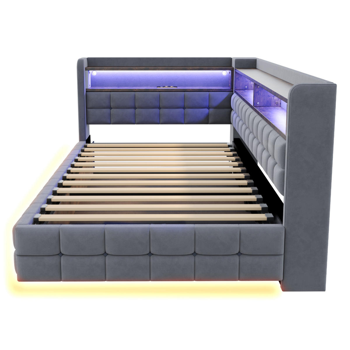 POLSTERBETT 90/200 cm aus Samt mit LED-Licht und Stauraum, Hellgrau - Hellgrau, Textil (90/200cm) - OKMYHOME