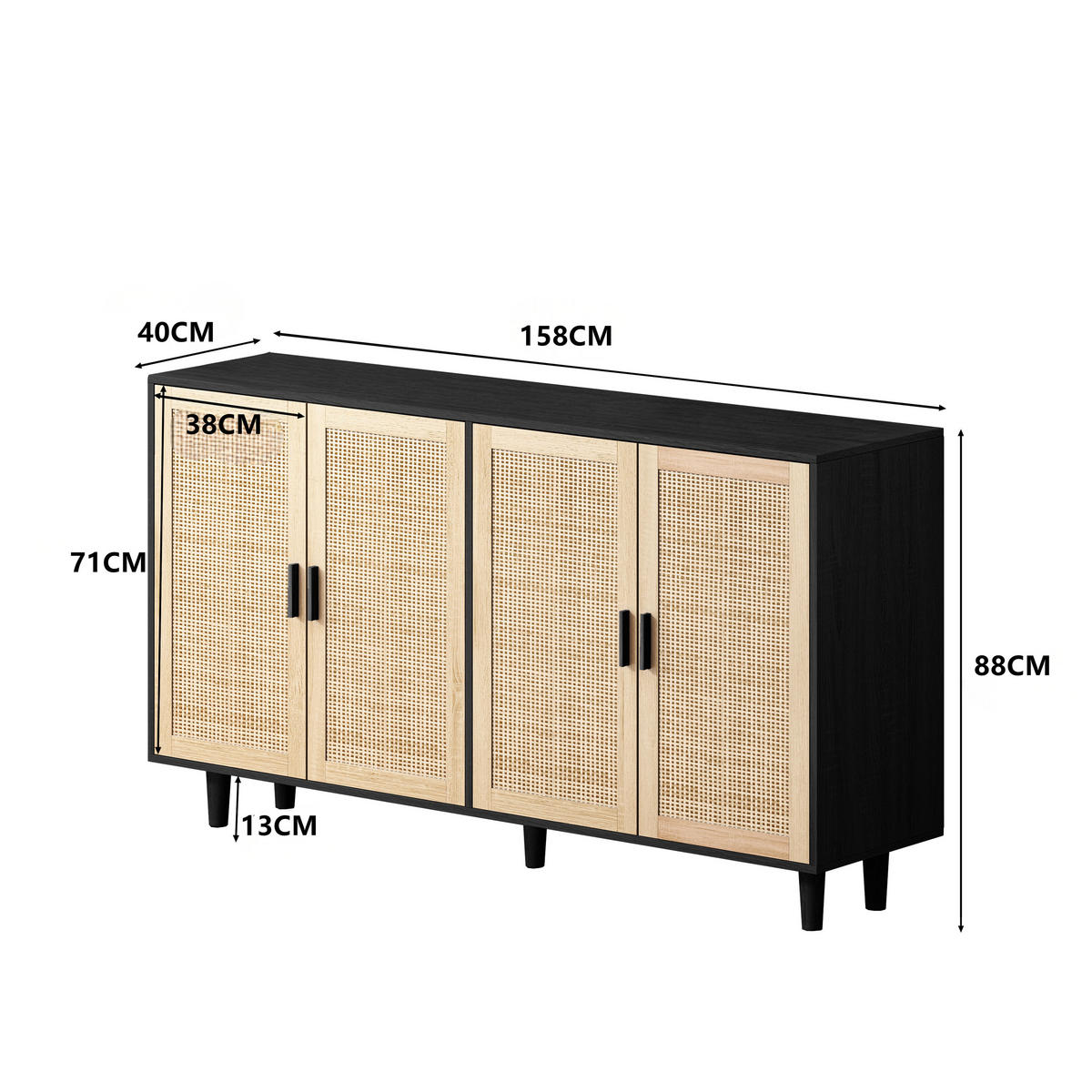 KOMODA dřevěný materiál v černé barvě s ratanovými čely, 4 dvířka - černá, kompozitní dřevo (158/88/40cm) - Urban Meuble