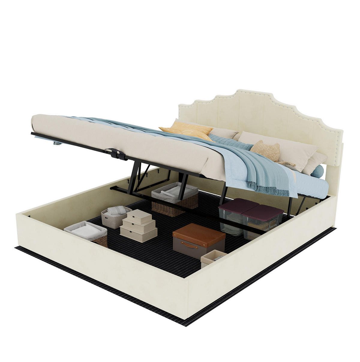 POLSTERBETT 160/200 cm mit Matratze, hydraulischem Bettkasten und geometrischem Kopfteil, Beige - Beige, Textil (160/200cm) - Redom