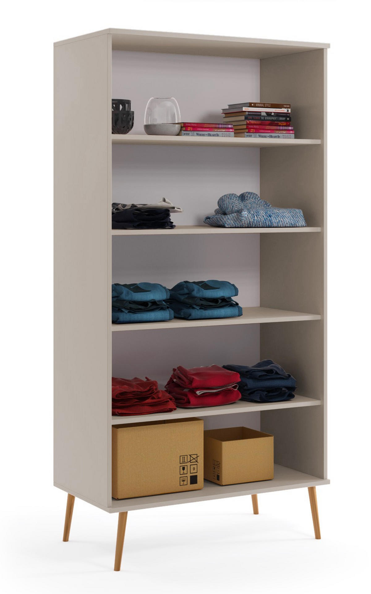 SCHRANK Kaschmir Boho Tief Holzbeine 5 Regale - Beige, Holzwerkstoff (87/212/41cm) - Sepro Meble