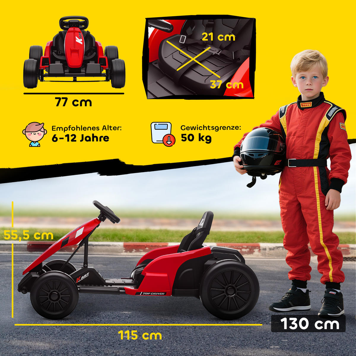 KINDER-ELEKTRO GOKART Drift Kart Verstellbarer Sitz 24 V 6-18km/h - Rot, Kunststoff (115/77/55.5cm) - AIYAPLAY