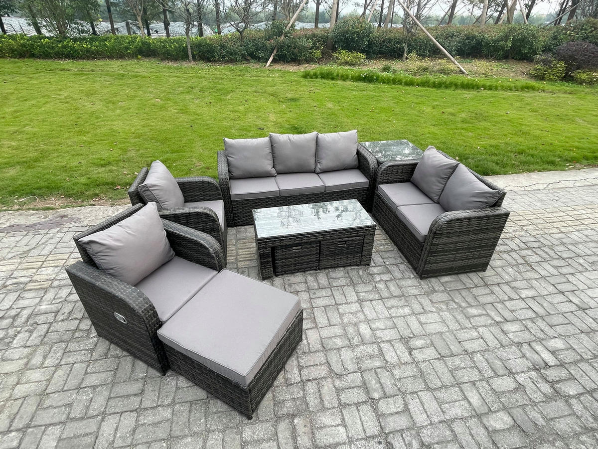 GARTENSOFA SET mit rechteckigem COUCHTISCH Polyrattan 10-Sitzer Dunkelgrau - Dunkelgrau/Grau, Glas/Kunststoff - Fimous