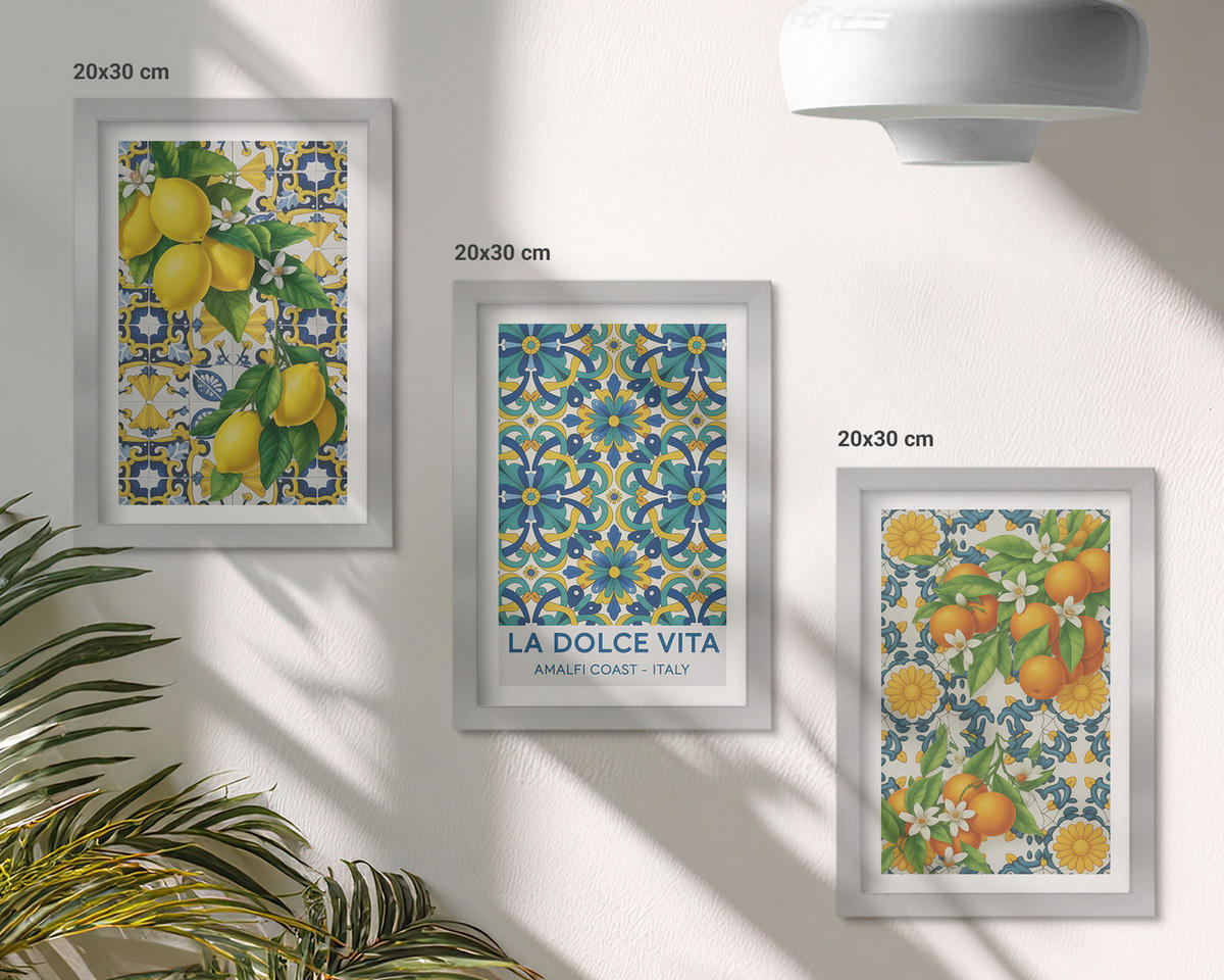 BILDER SET 3er Set - 20x30 cm Silberner Rahmen - Zitronen, Orangen, Blumen, Italien - Silberfarben, Kunststoff (20/30cm) - TULUP