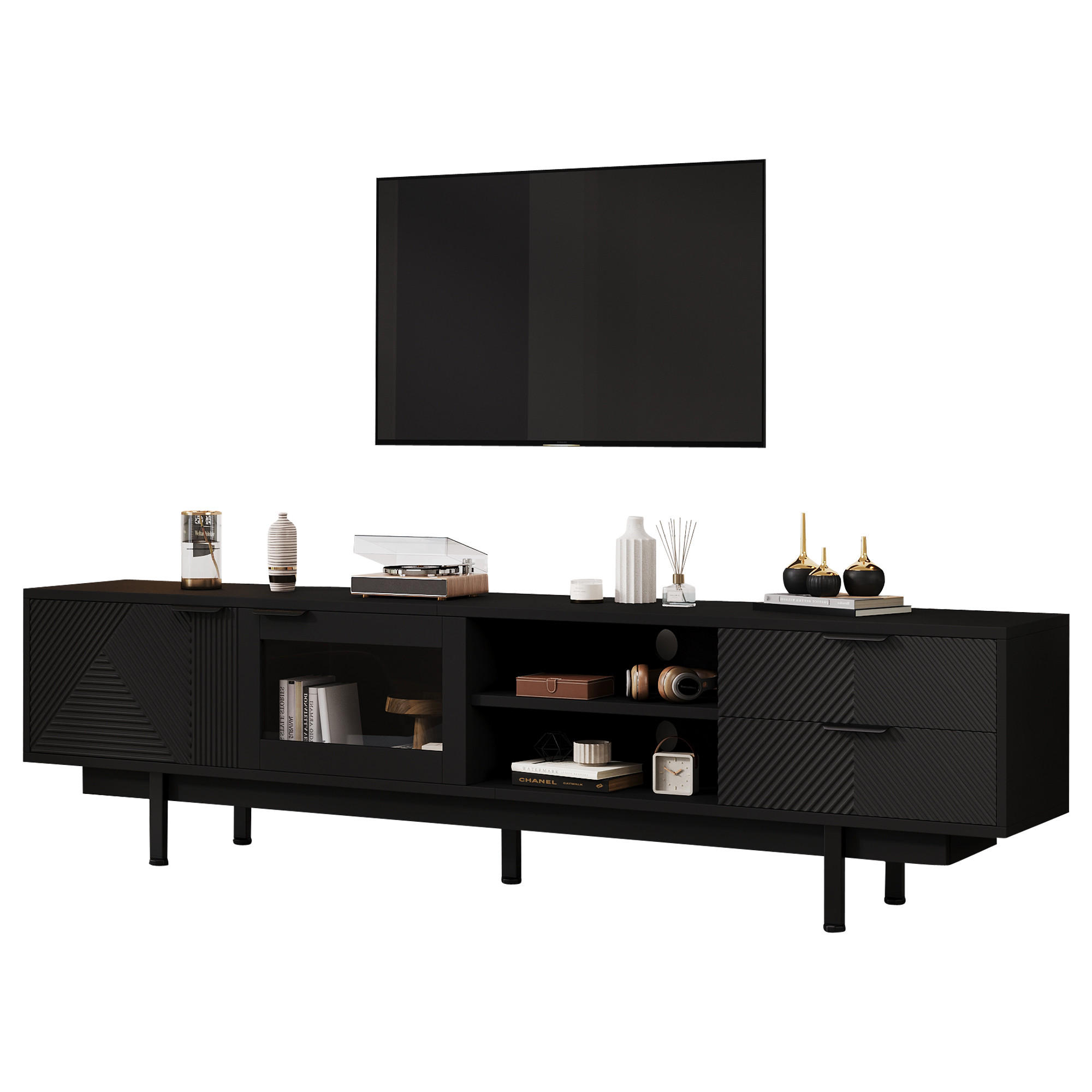 TV-SCHRANK schwarz aus Spanplatte mit Glastür 200 × 40 × 50,5 cm - Schwarz, Holzwerkstoff (200/50.5/40cm) - Luhomfu