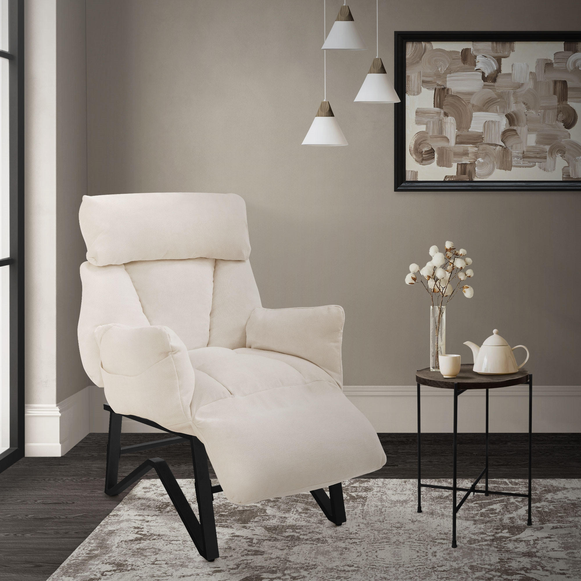 RELAXSESSEL Beige Leinenbezug verstellbar mit Armlehnen und Fußablage - Beige/Schwarz, Textil/Metall (85/102/82cm) - ML-DESIGN