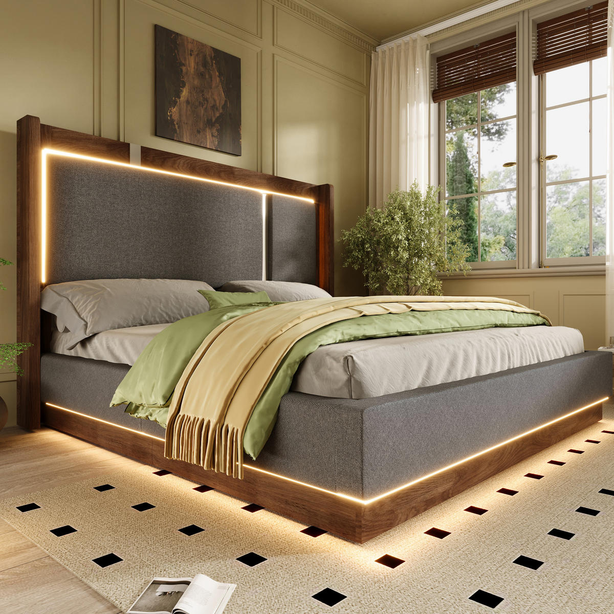 POLSTERBETT 180/200 cm Grau mit LED und Bettkasten, ohne Matratze - Grau, Textil (180/200cm) - Oxeza