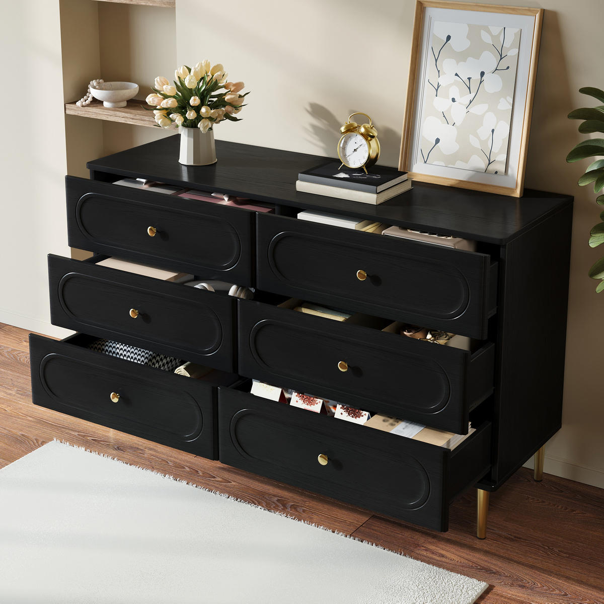 SIDEBOARD in Schwarz Aufbewahrungsschrank mit 6 Schubladen, 120 B/40 T/75 H(cm), fürs Wohn & Schlaf - Schwarz/Naturfarben, Holzwerkstoff (120/75/40cm) - STILVORA