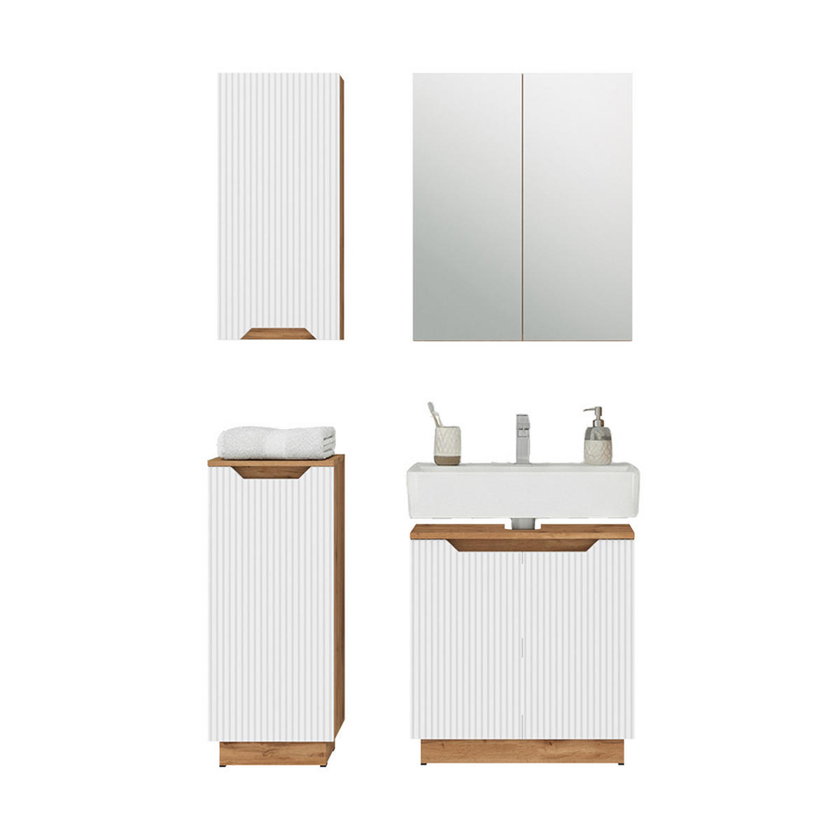 BADMÖBEL-SET Lotta Eiche/weiß gestreift 4 Teile - Eichefarben/Weiß, Holzwerkstoff (59.8/62.1/32cm) - Vicco