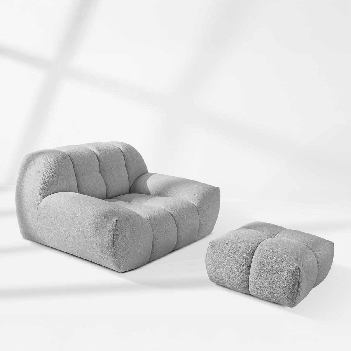 SESSEL VENA mit Pouf Bouclé, Hellgrau - Hellgrau, Holz/Textil (65/38/65cm) - KONSIMO®