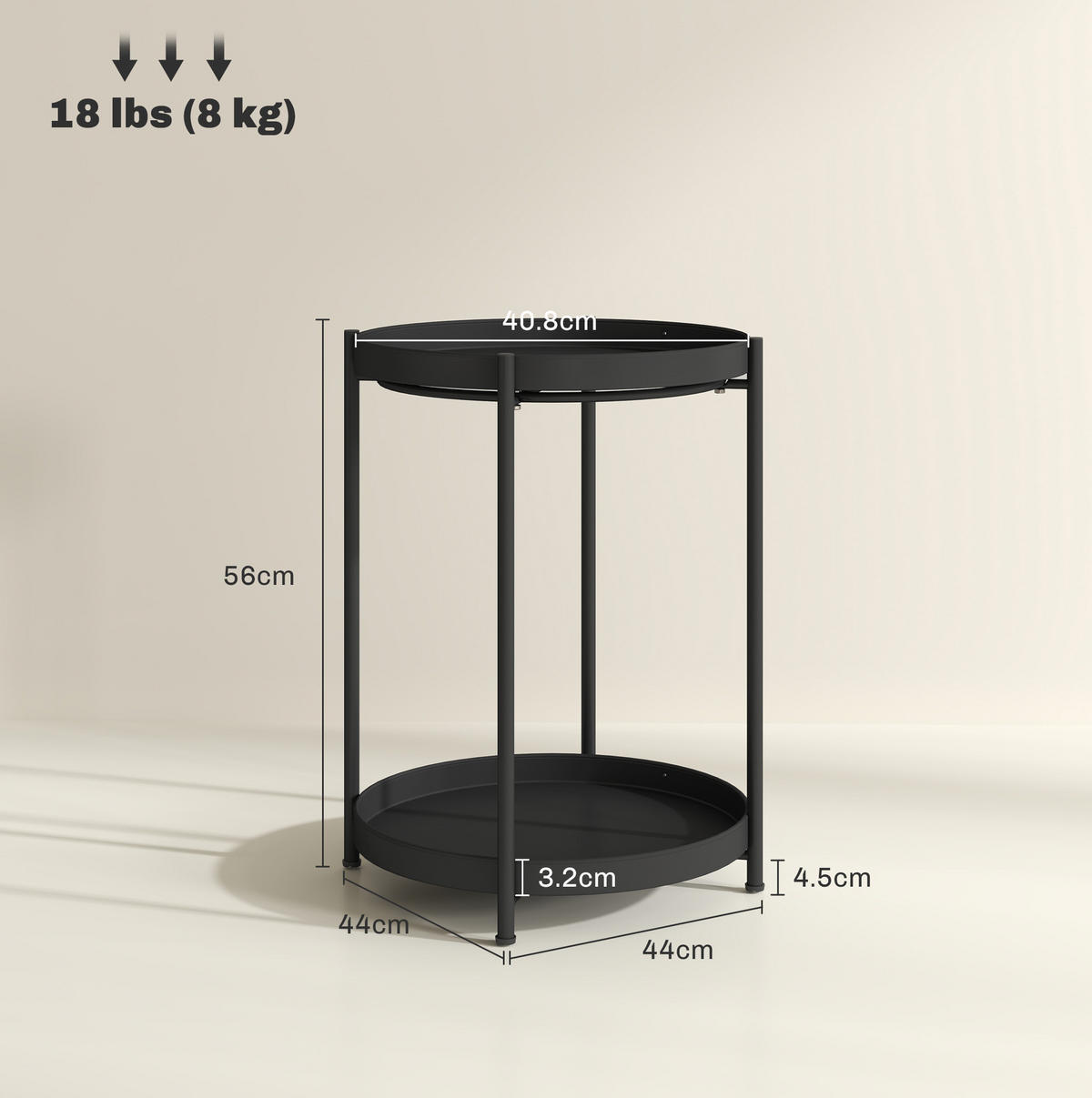 BEISTELLTISCH 44/56/44 cm Schwarz aus Stahl mit 2 Ablagen - Schwarz, Metall (44/44/56cm) - OKMYHOME