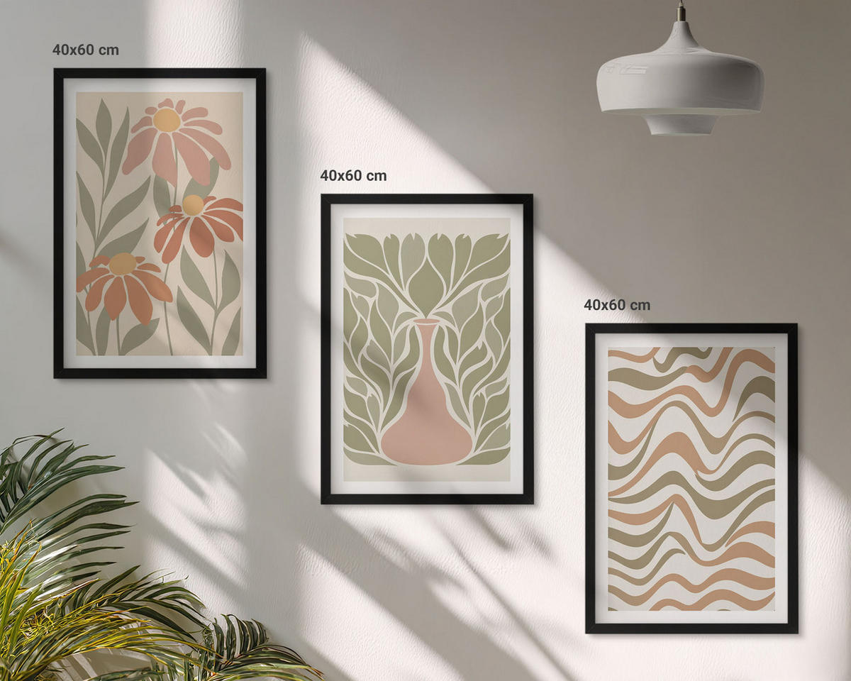 BILDER SET 3er Set - 40x60 cm Schwarzer Rahmen - Abstrakte Pastellblumen - Schwarz, Kunststoff (40/60cm) - TULUP