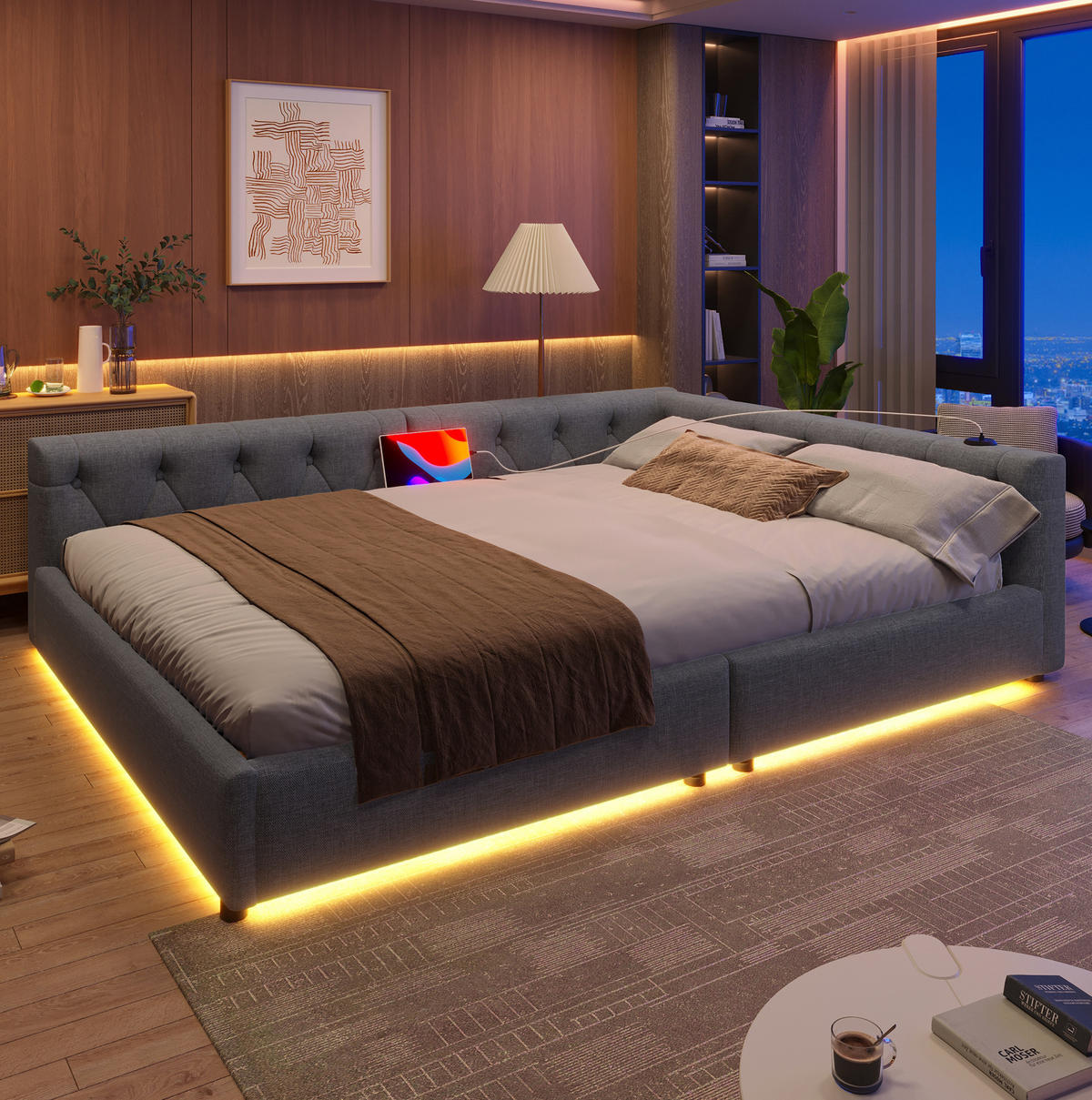 POLSTERBETT 140/200 cm mit LED-Beleuchtung und gepolstertem Kopfteil - Grau, Textil (140/200cm) - BEAOK