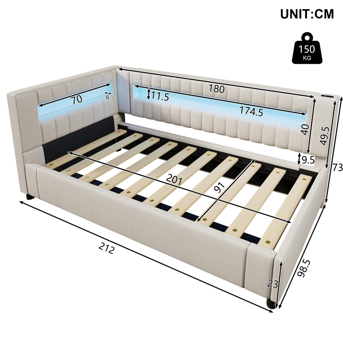 POLSTERBETT 90/200 cm in Beige mit LED-Beleuchtung, Stauraum und USB- und Type-C-Anschlüssen - Beige, Textil (90/200cm) - Flora Grace