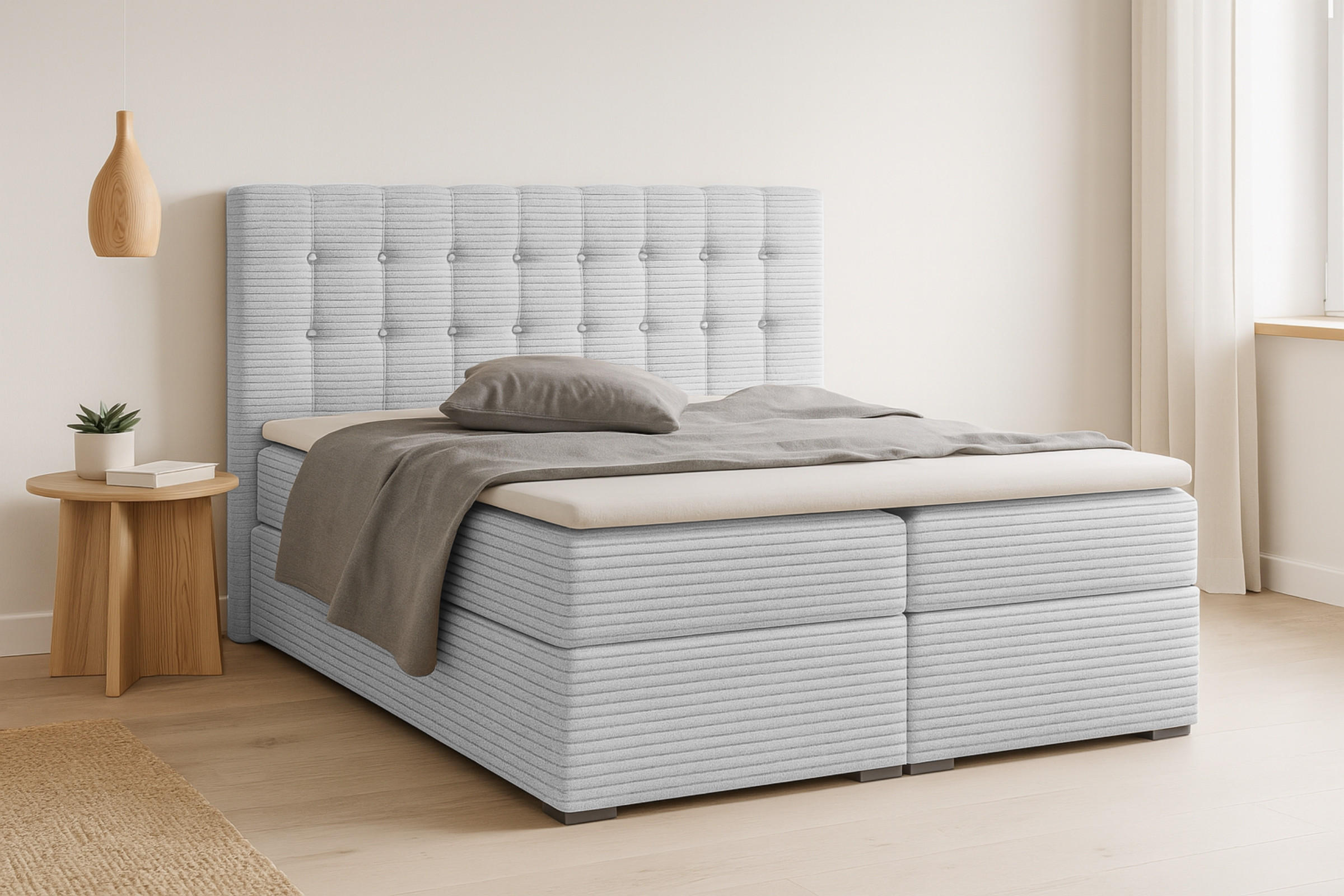 BOXBETT CARLY 120/200 in Cord Hellgrau mit Taschen-Federkernmatratzen 7 Zonen H4 - Hellgrau, Holz/Holzwerkstoff (122/200cm) - Deine Möbel 24