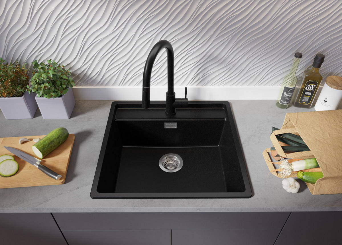 GRANITSPÜLE Bergen, 2-er set Schwarz 56/53 cm 1 Becken + Küchenarmatur 40/38 cm + Ablauf-Set + Schneidebrett ab 60er Unterschrank - Chromfarben/Beige, Kunststoff (56/20/53cm) - Primagran