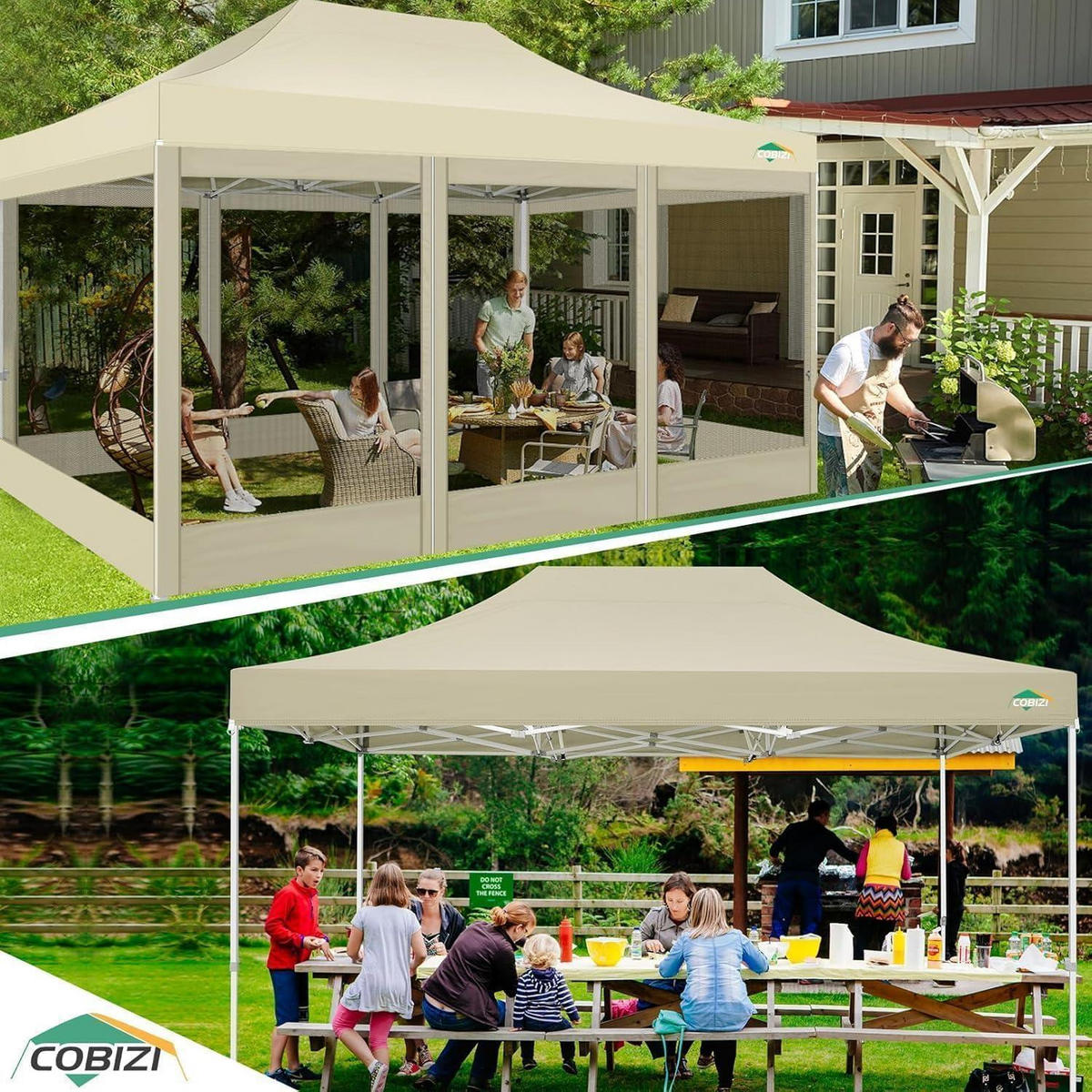 FALTPAVILLON 3 x 4.5 m Wasserdicht mit 4 Netzseitenwänden Khaki - Beige, Textil (300/336/450cm)