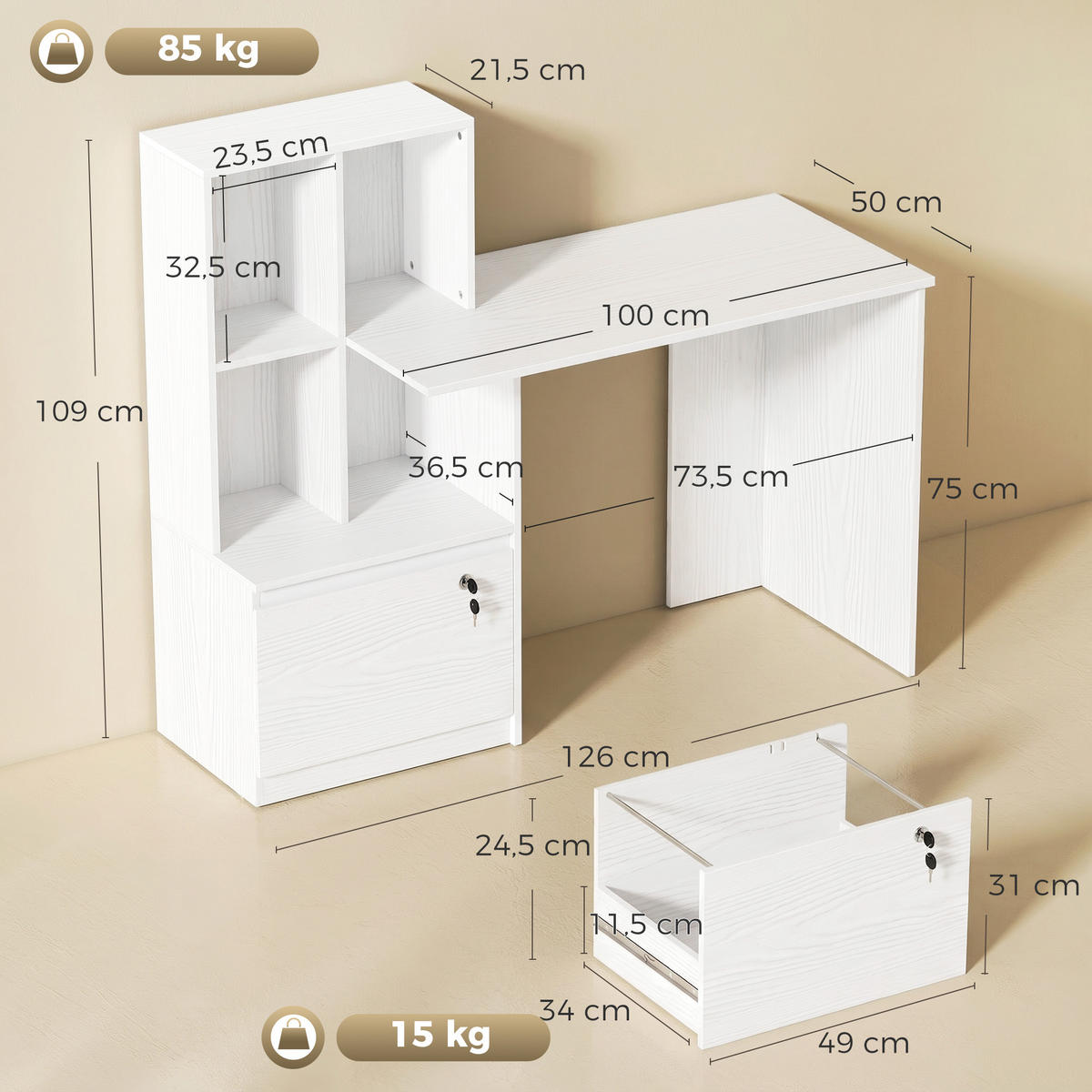 BÜROTISCH Weiß 1 Stück - Weiß, Holzwerkstoff (50/126/109cm) - GiPP