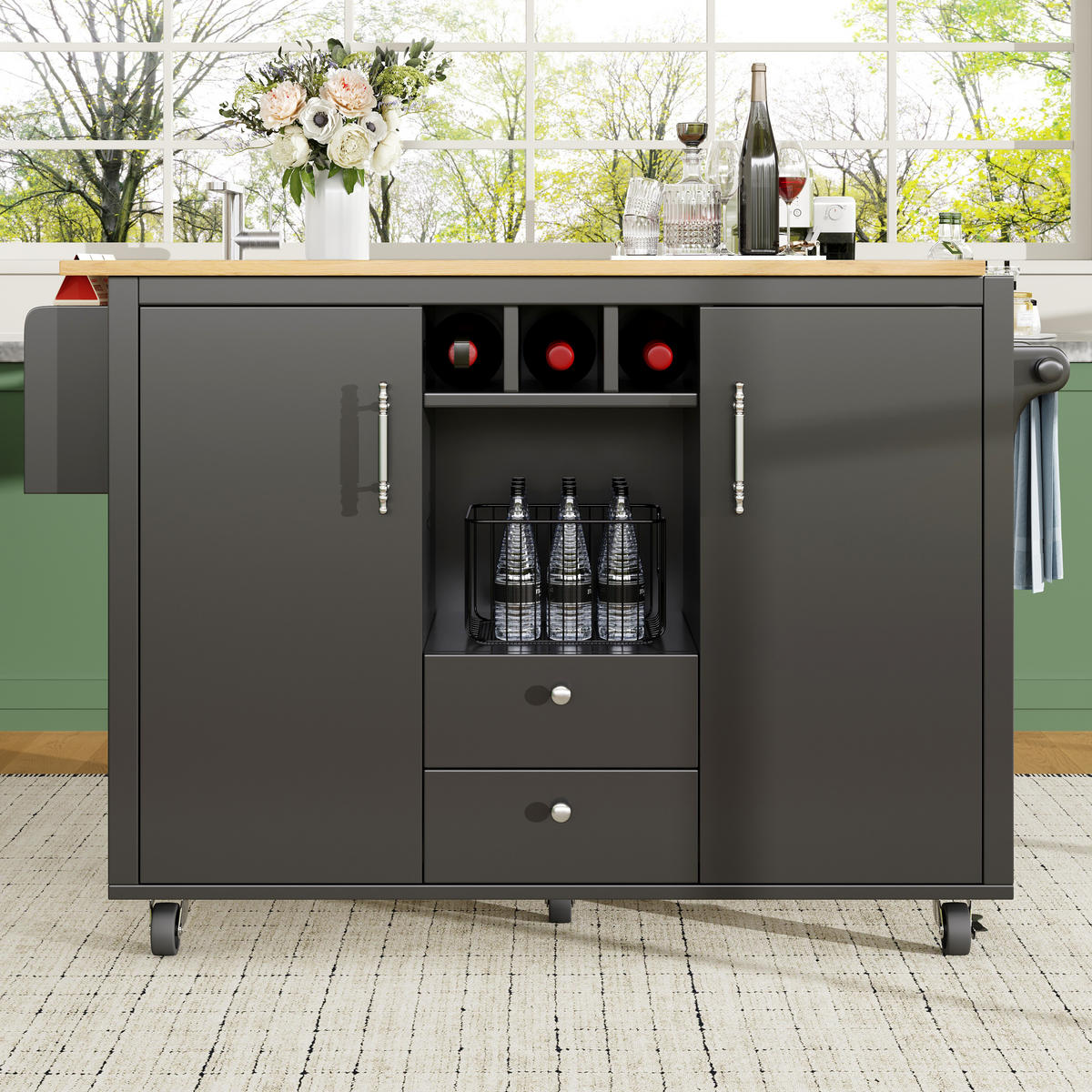 KÜCHENINSEL 137.9x73x92cm Schwarz mit 2 Schubladen & 5 Rollen - Schwarz, Holzwerkstoff (137.9/92/73cm) - Modfu