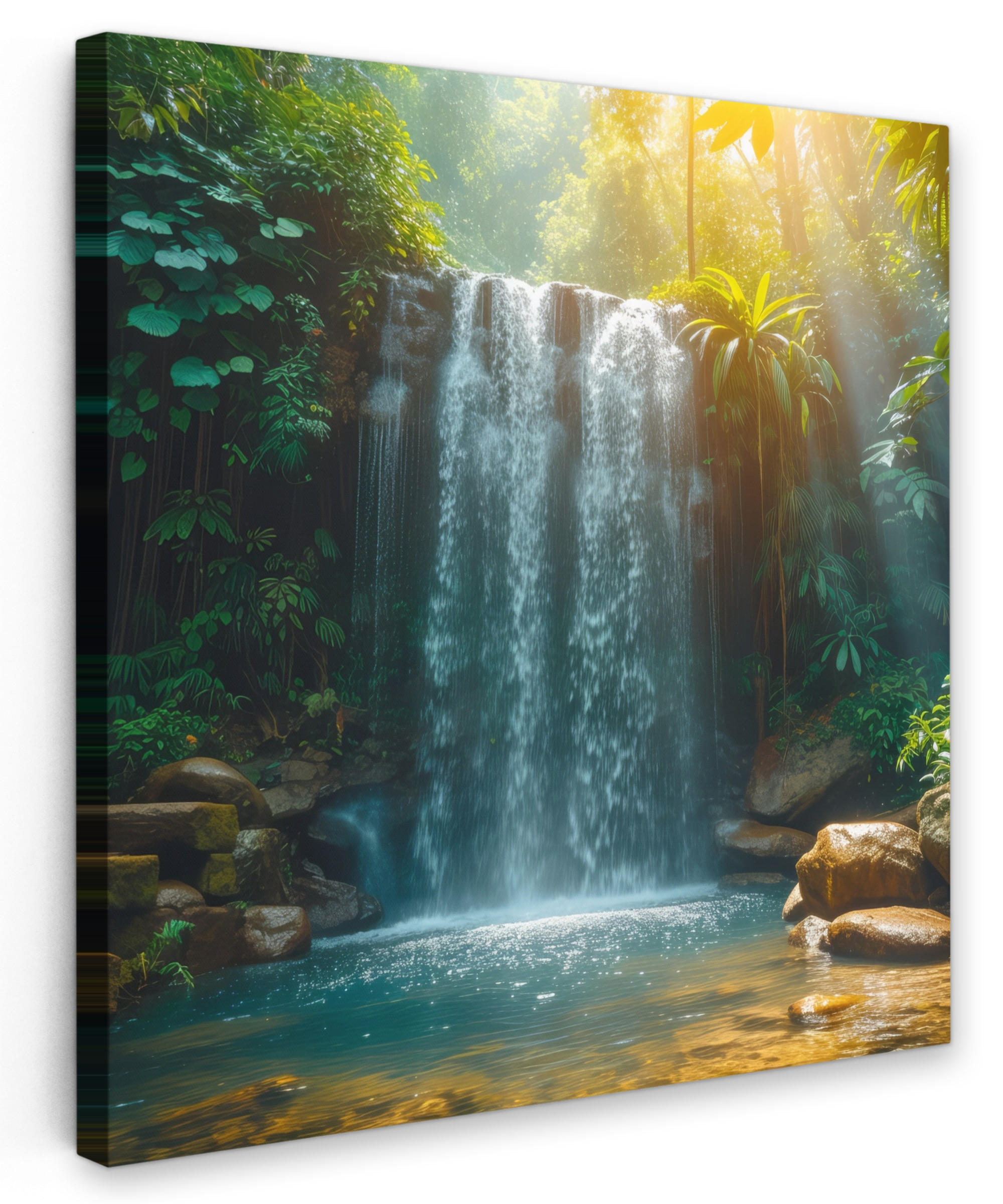 LEINWANDBILD Wasserfall - Dschungel - Sonne - Grün - Natur 90x90 cm - Grün, Textil (90/90cm) - MuchoWow